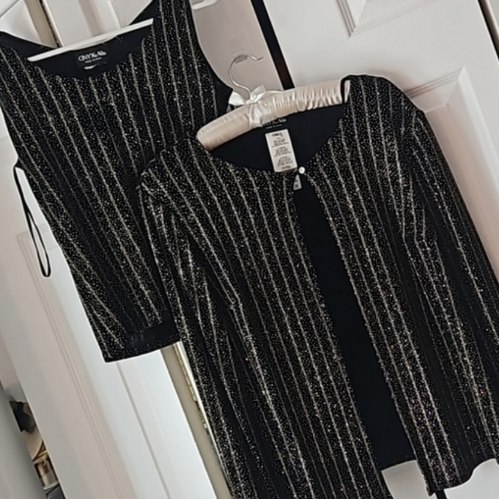 Vtg like New  2 Piece Formal Lined Black Sparkly Top & Button Cardigan Set